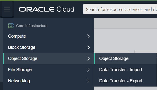 Open the OCI object storage page from the hamburger menu.
